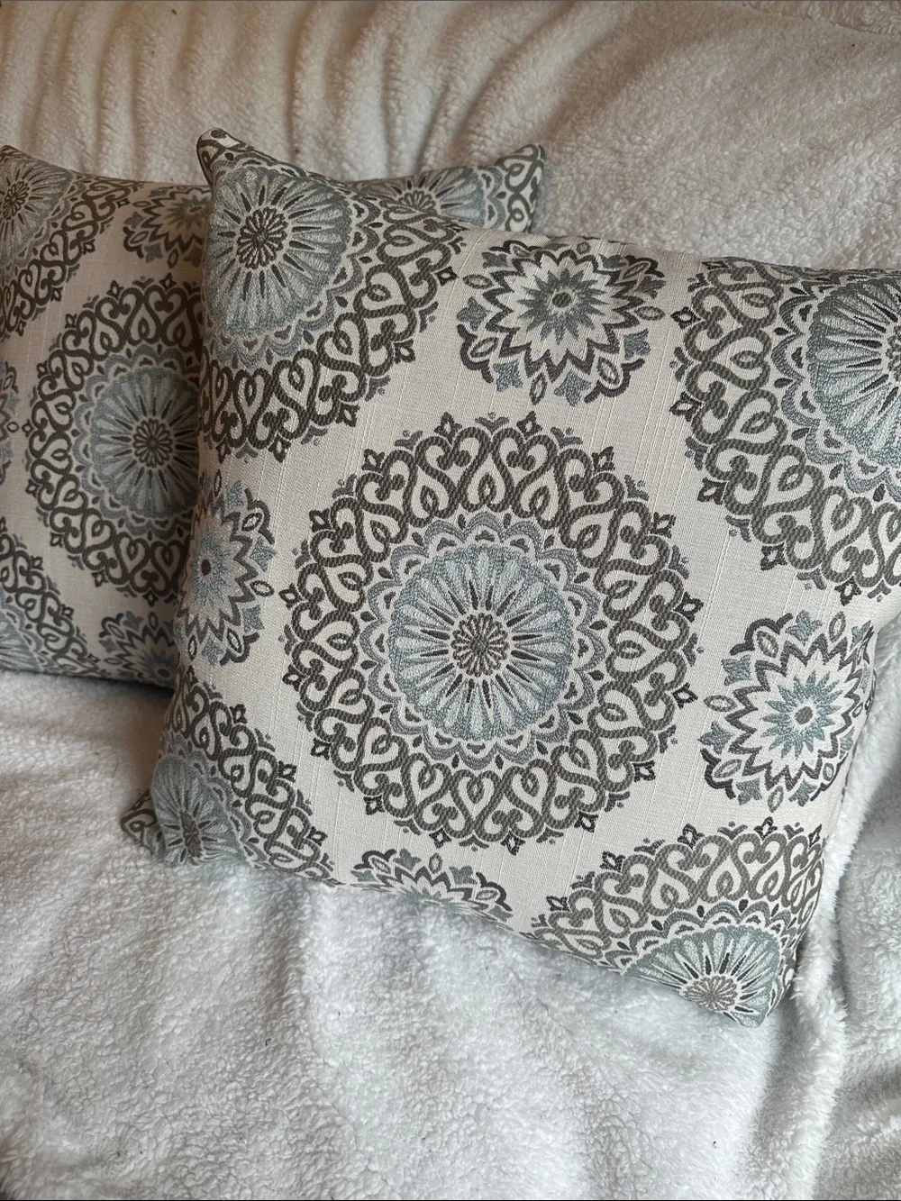 Decorative Medallion Throw Pillow - Light Gray and Blue covers only